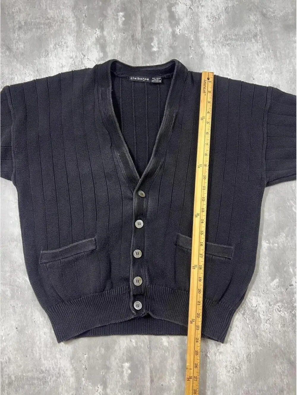 Vintage Claiborne Ribbed Cardigan Sweater Black Cotton Grandpa Knit